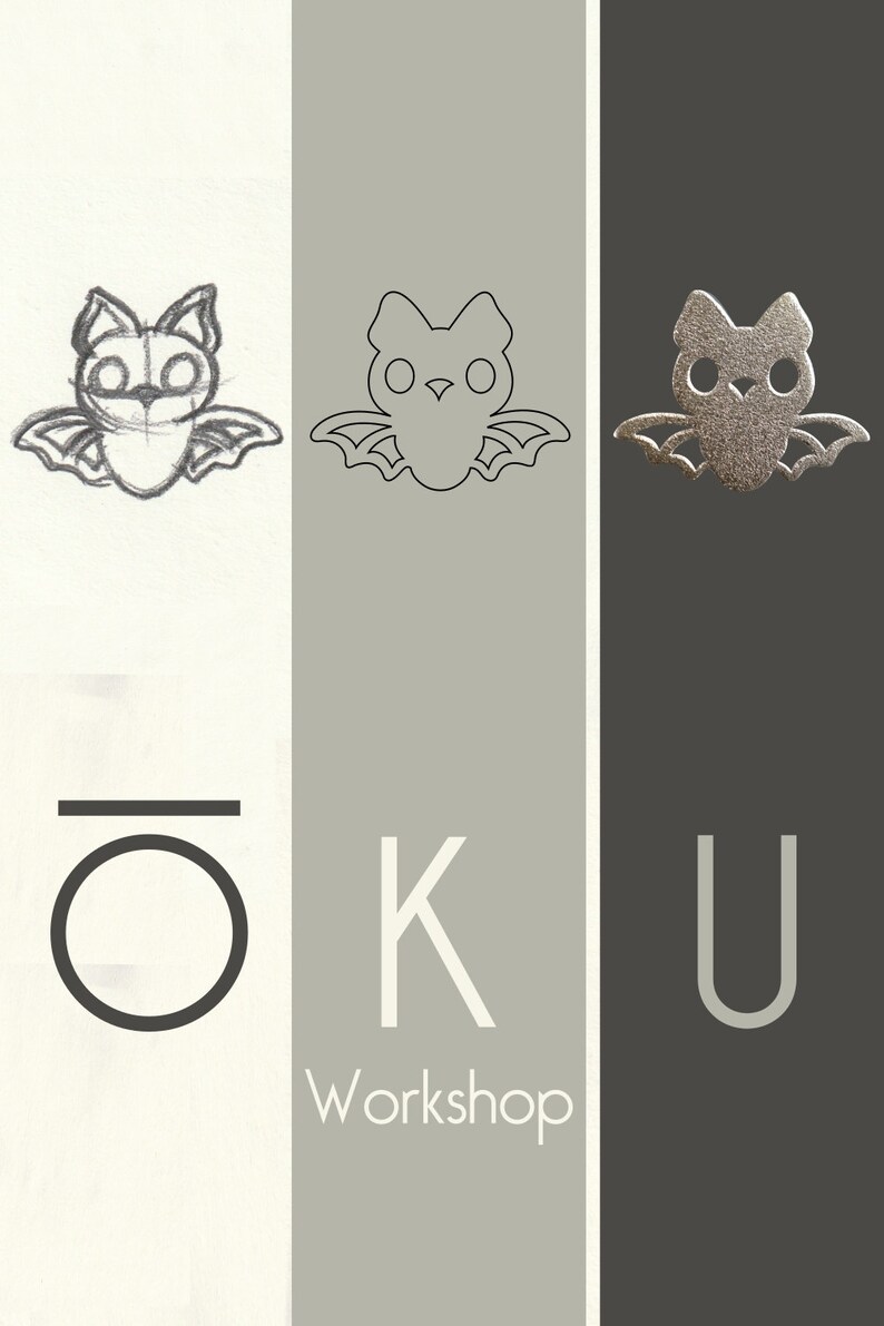 Peut inclure: Une illustration en noir et blanc d'une chauve-souris avec le texte "OK Workshop" en dessous. La chauve-souris est repr&eacute;sent&eacute;e en trois &eacute;tapes de d&eacute;veloppement, d'une esquisse brute &agrave; un dessin au trait plus raffin&eacute;, puis &agrave; une version finale noire et pleine.