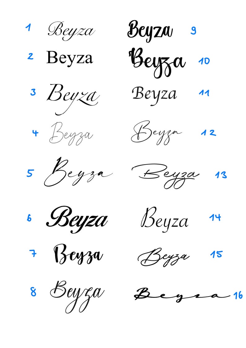 May include: A collection of sixteen different stylized versions of the name "Beyza" in black script. The variations include different fonts and styles, ranging from simple to ornate, all on a white background.