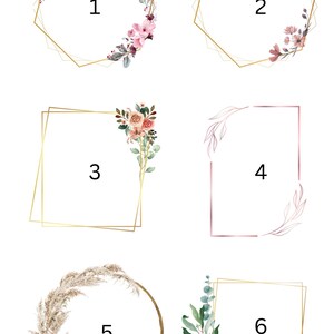 May include: A collection of six geometric frames with floral and botanical accents. The frames are in various shapes, including octagons, squares, and circles. The floral elements include pink, peach, and green foliage, perfect for wedding invitations or other designs.