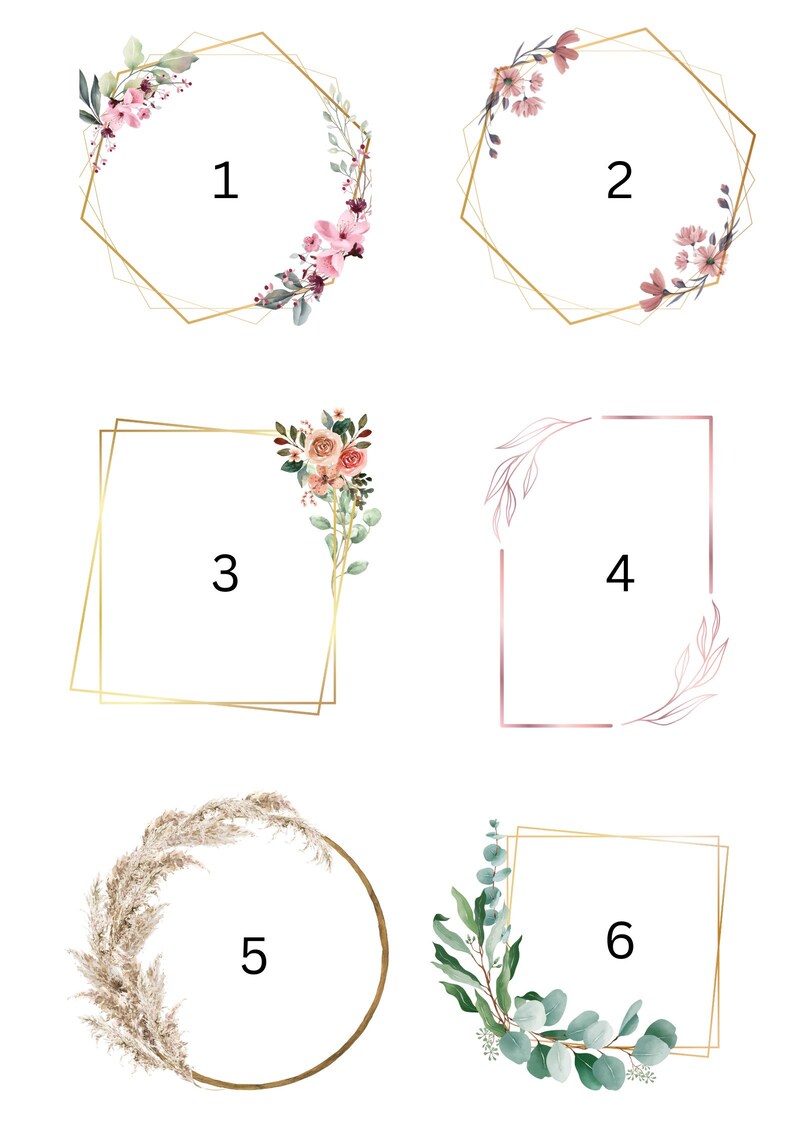 May include: A collection of six geometric frames with floral and botanical accents. The frames are in various shapes, including octagons, squares, and circles. The floral elements include pink, peach, and green foliage, perfect for wedding invitations or other designs.