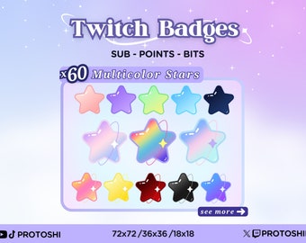 60 x Paquete de insignias de Twitch de estrellas multicolores / Arco iris estético Pastel Sparkle Cute Sub Bit