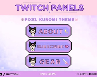 Conjunto de 16 paneles de Twitch de conejo gótico Kuromí de píxeles / Activos de transmisión estéticos retro kawaii lindos de color rosa, negro y morado