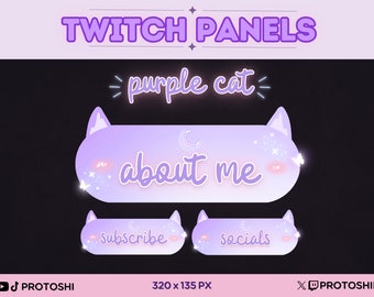 33 x Twitch Panels Gato Púrpura / Lindo Rosa Kawaii Stream Luna Pastel Resplandor Neón Kitty Mariposa