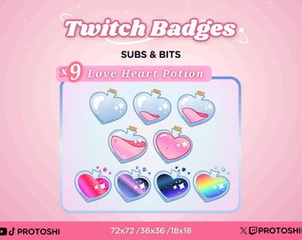 9 x Paquete de insignias de Twitch de poción de corazón de amor / Pink Rainbow Estética Pastel Sparkle Cute Alchemy Sub