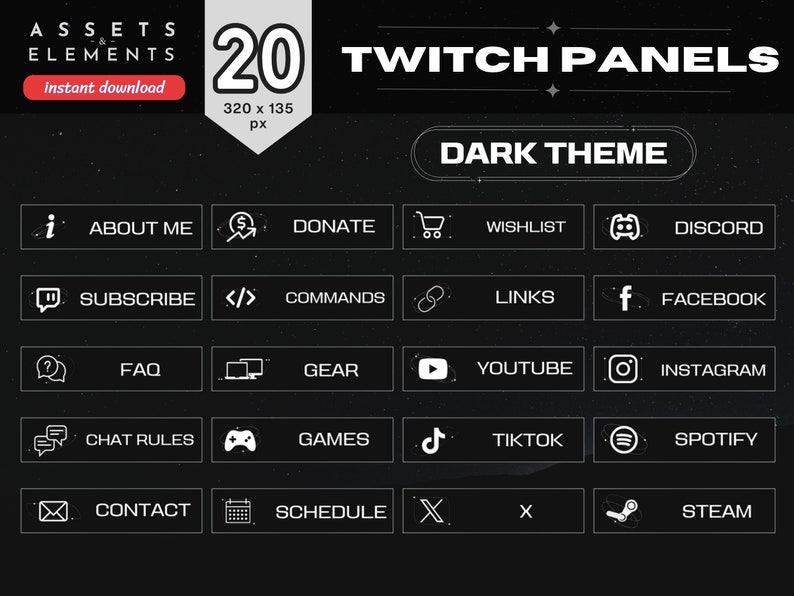 20 X Dark Theme Twitch Panels | Minimal Black White Icons Simple Clean ...