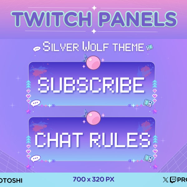 25 x Silver Wolf Honkai Star Rail Twitch Panels Box | Purple Retro Pink Pixels Aesthetic Bubblegum Sparkle Gaming Stream Pack