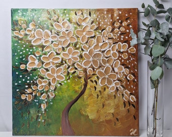 Golden Blossom Tree Painting: Hand-Painted Acrylic Floral Art