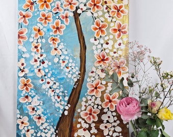 Hand-Painted Cherry Blossom Tree Painting: Blue & Gold Canvas Art
