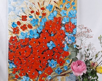 Impasto Floral Painting: Red & Blue Bouquet, Textured Acrylic Canvas Art (100x50cm