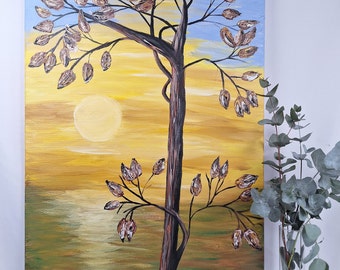 Autumn Sunset Tree Painting: Impasto Acrylic Landscape Art (60x100cm)