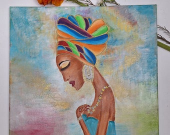 Afrikanerin Leinwand,afrikanische Frau Gemälde mit Gold Glitzer Textur,Frau Wand Dekor,Schwarze Frau Bild,Frau Malerei,Frau mit Turban