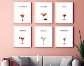Cocktail Wall Art Print Set of 6, Vibrant Printable Wall Decor, Digital Download, Bar Cart Accent, Drink Poster, Modern Bar Style, Classy