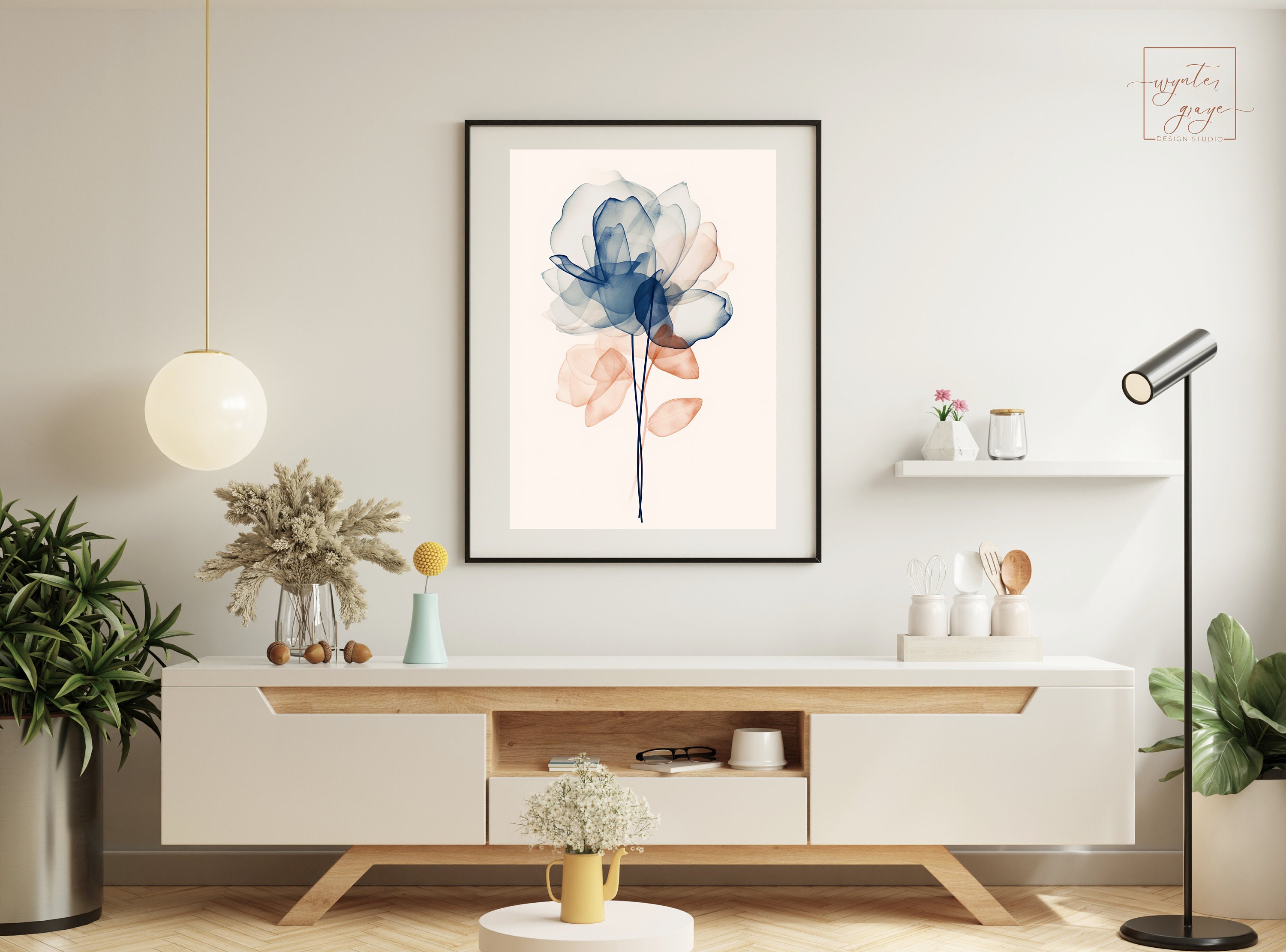 LOTUS FLOWER Print | Dark Blue and Light Orange | Single Wall Art ...