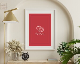 STRAWBERRIES | Fresh Fruit Artwork | Kitchen Poster | Berries Food Print | Home Dining Decor | Digital Fruit Display
