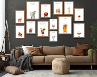 Cocktail Wall Art Print Set of 33, Vibrant Printable Wall Decor, Digital Download, Bar Cart Accent, Drink Poster, Modern Bar Style, Classy