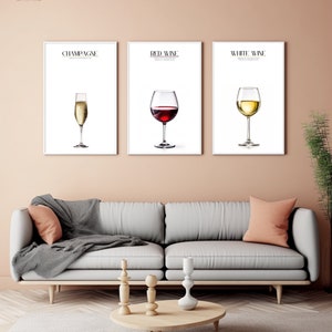 WINE Wall Art Print Set of 3, Vibrant Printable Wall Decor, Digital Download, Bar Cart Accent, Drink Poster, Modern Bar Style, Classy