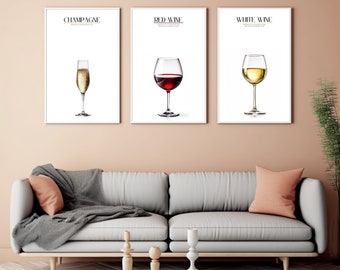 WINE Wall Art Print Set of 3, Vibrant Printable Wall Decor, Digital Download, Bar Cart Accent, Drink Poster, Modern Bar Style, Classy