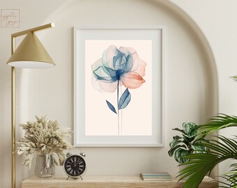 May include: A framed watercolor painting of a single blue and pink flower with a light peach background.