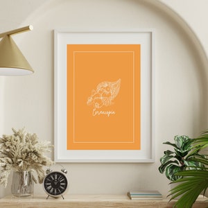 May include: A printable wall art print with a white line drawing of a cornucopia overflowing with fruit on an orange background. The word "Cornucopia" is written below the drawing in white.