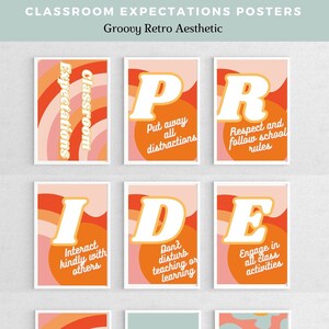 Conjunto de 12 pósteres editables con estilo retro y moderno para el aula. DESCARGA INSTANTÁNEA. Expectativas de gestión del aula K-12. Paquete imprimible.