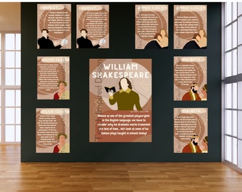 Affiches de classe d&#39;anglais Shakespeare, lycée, collège, bibliothèque, affiches, théâtre, arts, design moderne, art vectoriel, lot, 9, impression numérique