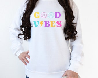 Good Vibes Sweatshirt | Summer | Cute Graphic Sweatshirt | Teen Gifts | Teen | Happy Face | Retro | 70's Shirt | Beach Sweatshirt