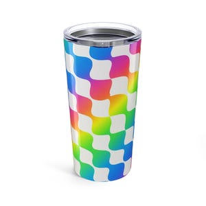Rainbow Wave Pattern Tumbler, 20oz Stainless Steel Travel Mug, Colorful Psychedelic Checkered Cup, Groovy Aesthetic Gift for Her or Him