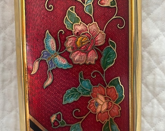 Beautiful Cloisonne Vintage Cigarette Case Red with Flowers & a Butterfly (Rare)