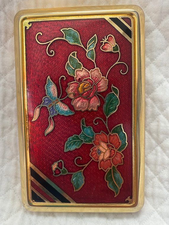 Beautiful Cloisonne Vintage Cigarette Case Red wit