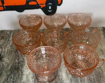 Vintage Jeannette Glass Pink Tea Cups 4 & Desert Bowls 4 Buttons And Bows Pattern Set of 8