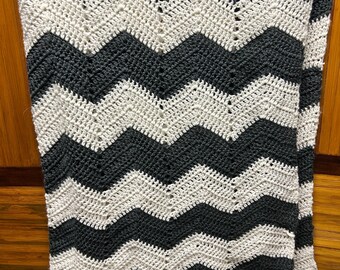 Crocheted Throw Blanket Charcoal Grayish & White
