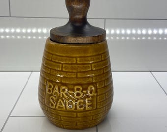 Vintage 1970-80’s Ceramic Barbecue Sauce Container w/Wooden Lid & Basting Brush