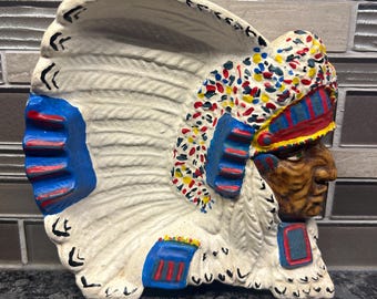 Vintage Native American Indian Chief Headdress Ashtray, Shelf Display, Chalkware