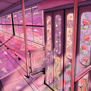 Pode incluir: O interior de um vagão de trem rosa e roxo com janelas de vitrais que mostram desenhos florais e um céu estrelado. Os assentos estão alinhados ao longo das paredes e são feitos de um material macio e felpudo.
