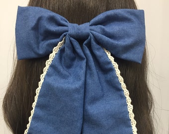 Hair Bow Denim Lace Trimming, Large Denim Hair Bow for Toddler Girl Women, Denim Hair Bow, Lace Trimming Hair Bow, Big Denim Bow Clip