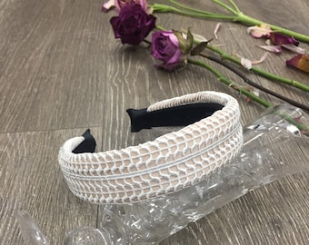Wedding Headband, Cream Satin Headband with White Stitching