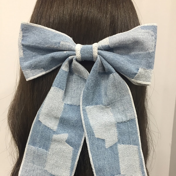 Hair Bow Denim Geometric Design, Large Light Denim Dark Denim, Hair Bow for Toddler Girl Women, Denim Hair Bow, Big Oversized Denim Bow Clip