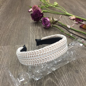 Wedding Headband, Cream Satin Headband with White Stitching