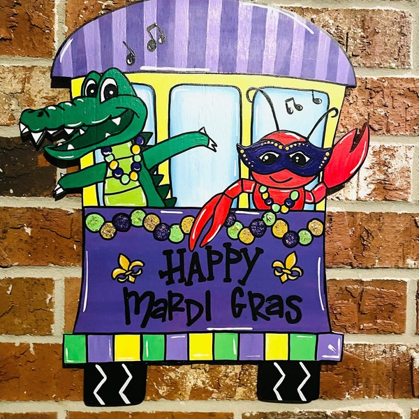 Mardi Gras Door Hanger | Alligator Crawfish Door Sign | Nola | Streetcar Door Sign | Mardi Gras Wreath | Mardi Gras Porch Decor