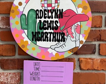 Disco Cowgirl Hospital Door Hanger | Cowgirl Hospital Door Hanger | Retro Cowgirl Door Hanger | Girl Baby Sign | Nursery Sign