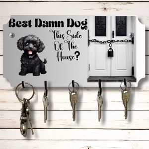 Zwarte poedel hond thema sleutel muur rek houder organizer 10" x 5" gesublimeerd mdf houten bord