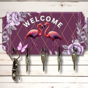 Paarse flamingo welkomstsleutel wandrek houder organizer 10 x 5 inch gesublimeerd mdf-houten bord