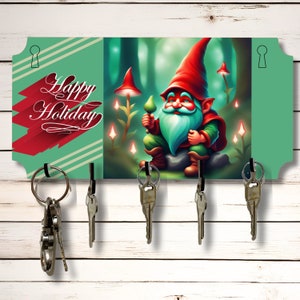 Happy Holiday Gnome Key Wall Rack Holder Organizer 10" x 5" gesublimeerd mdf-houten bord