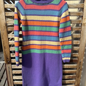 Vintage Hand Knit Rainbow Sweater Dress • 70s Striped Knit Mod Dress • Boho Colorful Midi S/M