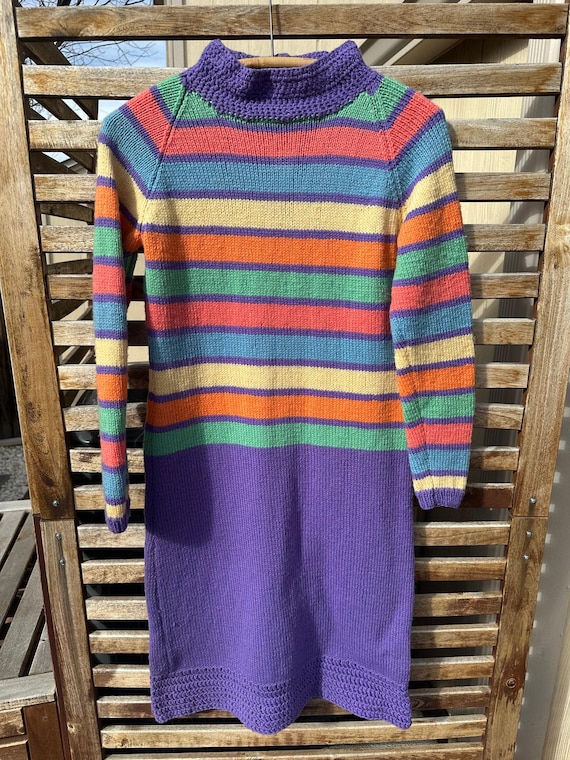 Vintage Hand Knit Rainbow Sweater Dress * 70s Striped Knit Mod Dress * Boho Colorful Midi S/M