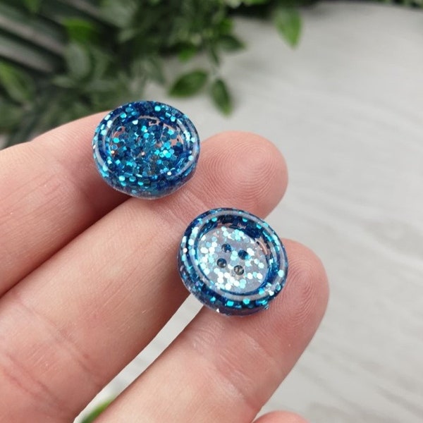 Turquoise Glitter Resin Button Stud Earrings