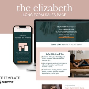 May include: A website template for Showit, a website builder, with a green and white color scheme. The template features a large headline, a call to action button, and a countdown timer. The template is designed to be used for long-form sales pages.
