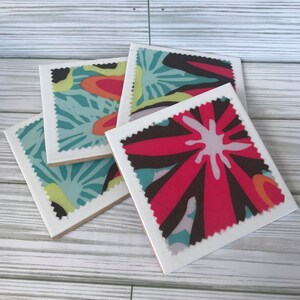 Fun Tropical Flower Ceramic Coasters; Stylized Floral Design; Handmade Coasters; Set of 4