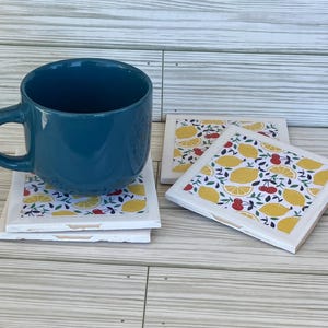 Lemons & Cherries Ceramic Coasters; Handmade Square Summer Coasters; Set of 4