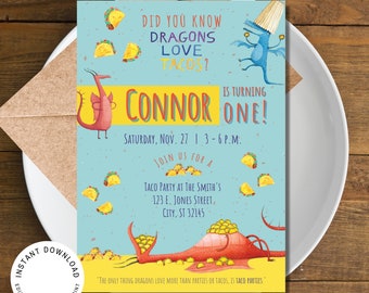 Invitación de cumpleaños "A los dragones les encantan los tacos", descarga instantánea, editable, imprimible, para fiesta de tacos.